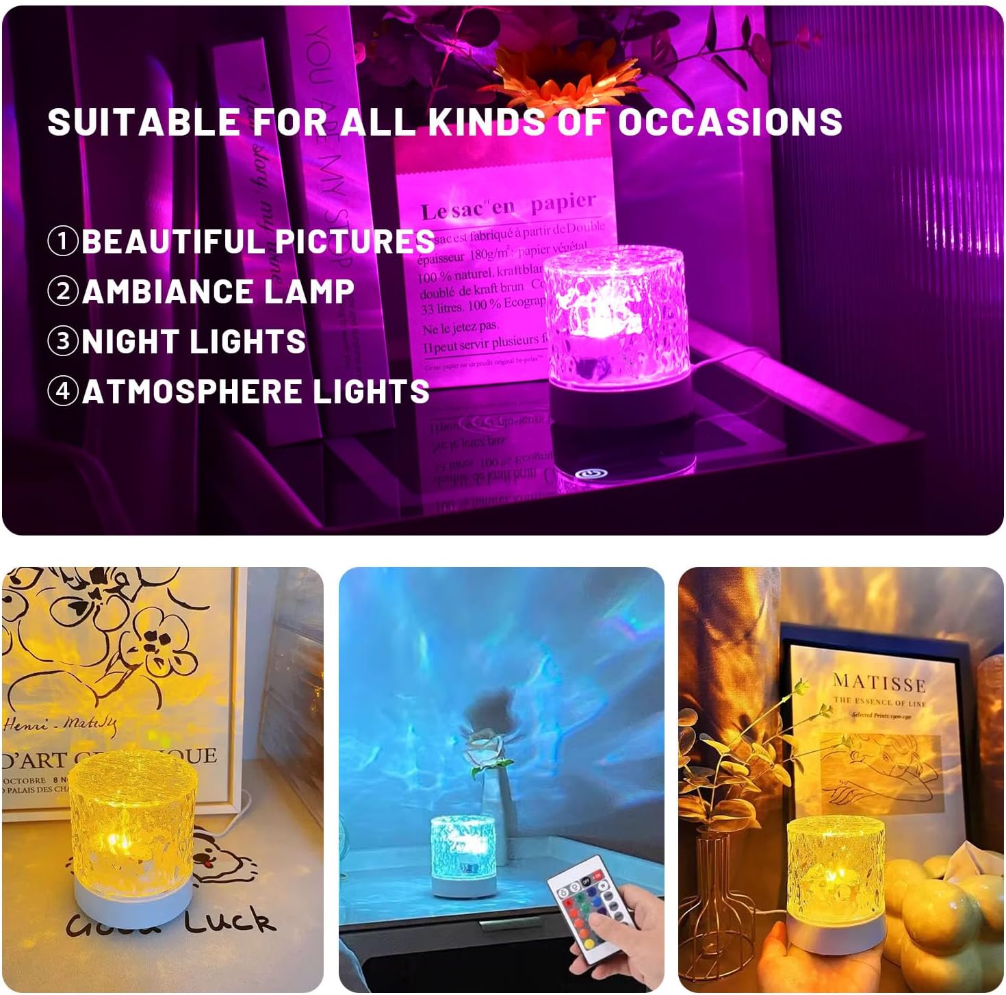 Veilleuse LED ondulée de l'eau, lampe USB, budgétaire d'océan en cristal, escales romantiques