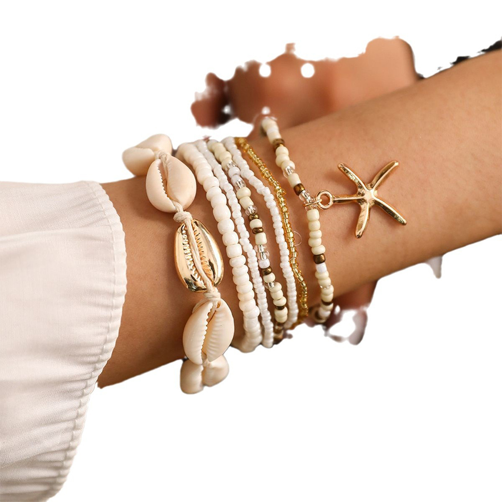 7 Uds. De dijes de concha de estilo playero, pulsera de cuerda, pulsera de hilo de cuentas de semillas para mujer, pulseras apilables de verano en el océano