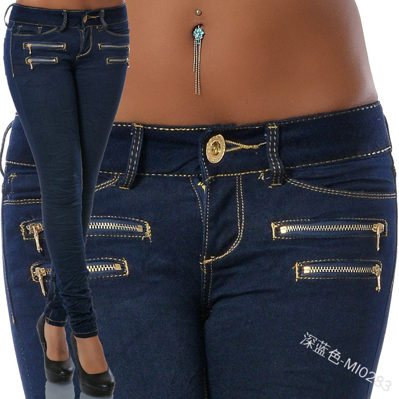 Neue Mode Mid Rise Jeans Reißverschluss Frauen Slim Fit Plissee Kleine Fuß Bleistift Hosen für Frauen