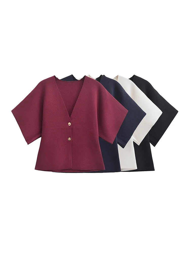 2024 estilo europeo y americano otoño nueva moda femenina estilo simple casual aguja lisa manga corta cuello en V top de punto