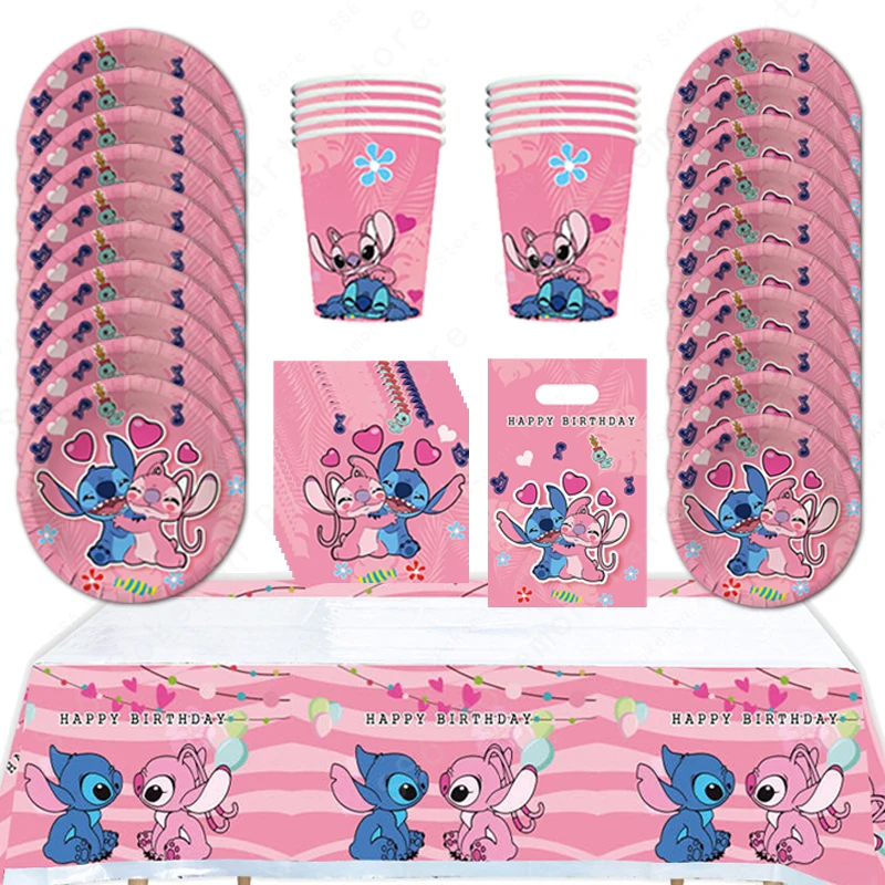Disney Lilo และ Stitch Birthday Party ตกแต่งเด็กผู้หญิง Disposable Tableware แผ่นผ้าปูโต๊ะถุงขนมถ้วยกระดาษชุดอุปกรณ์
