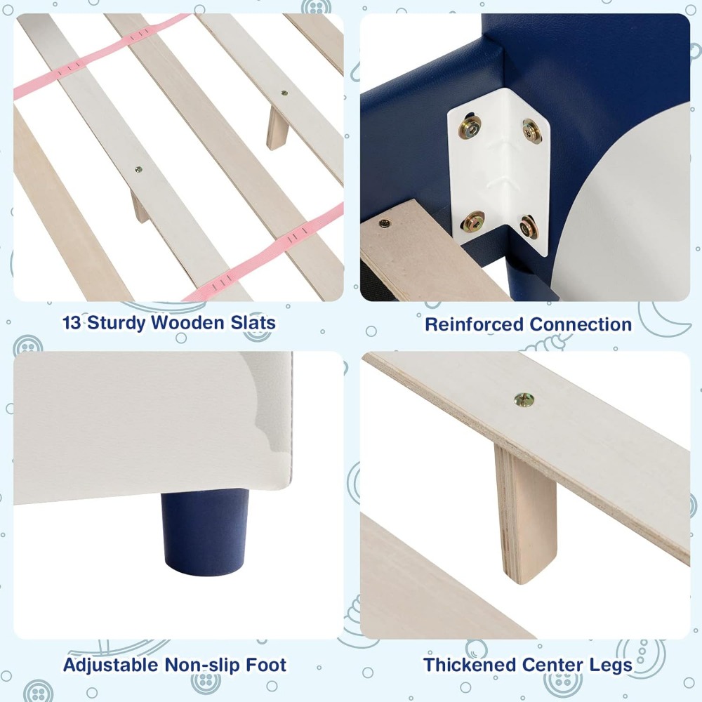Twin Bed Frames for Kids, Wood Upholstered Twin Bed Platform with Slat Support, Padded Headboard&Footboard