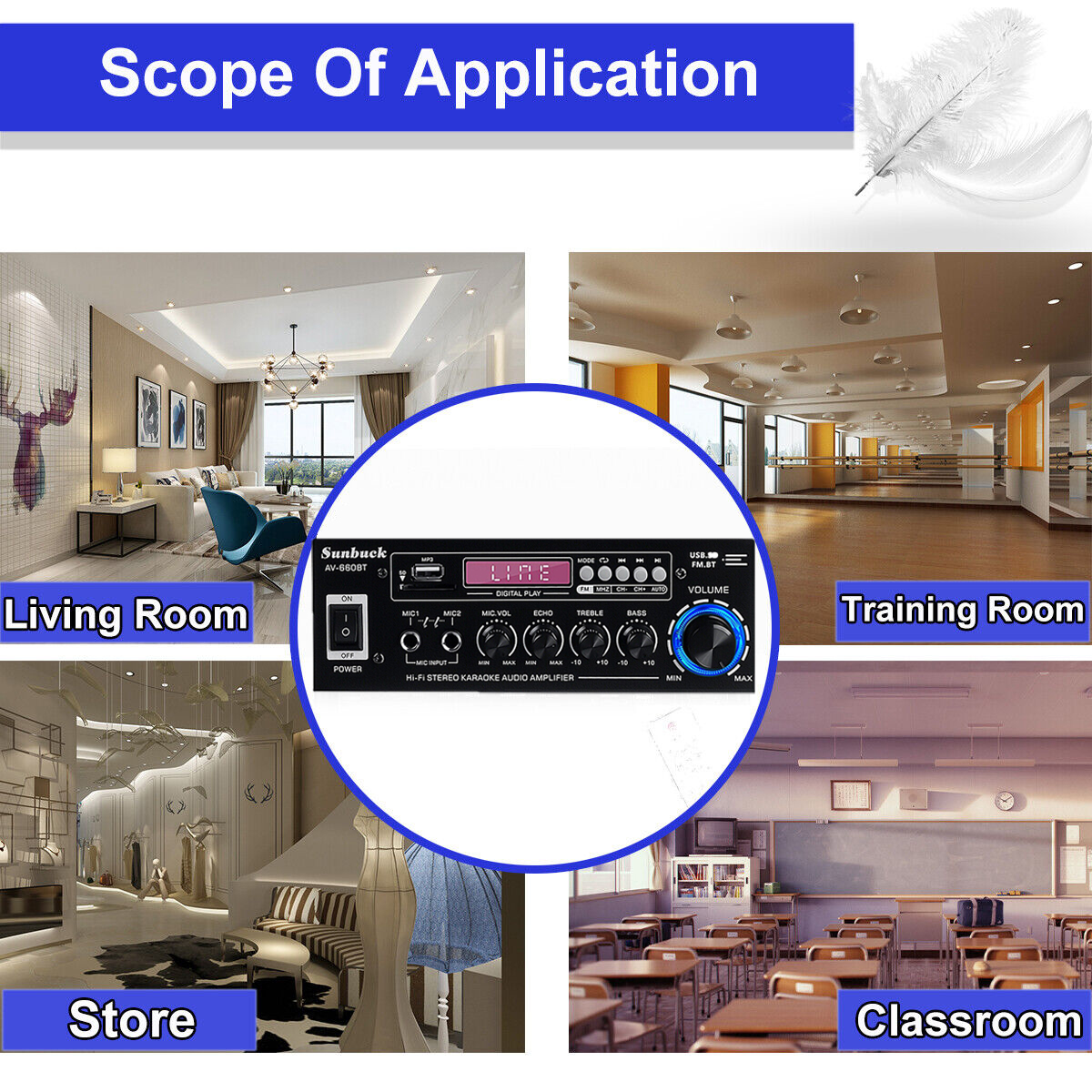ホームシアターアンプ,SUNBUCK-AV-660BTチャンネル,会議用パワーアンプ,eq,fm,USB, SDカード,2マイク入力,2.1をサポート