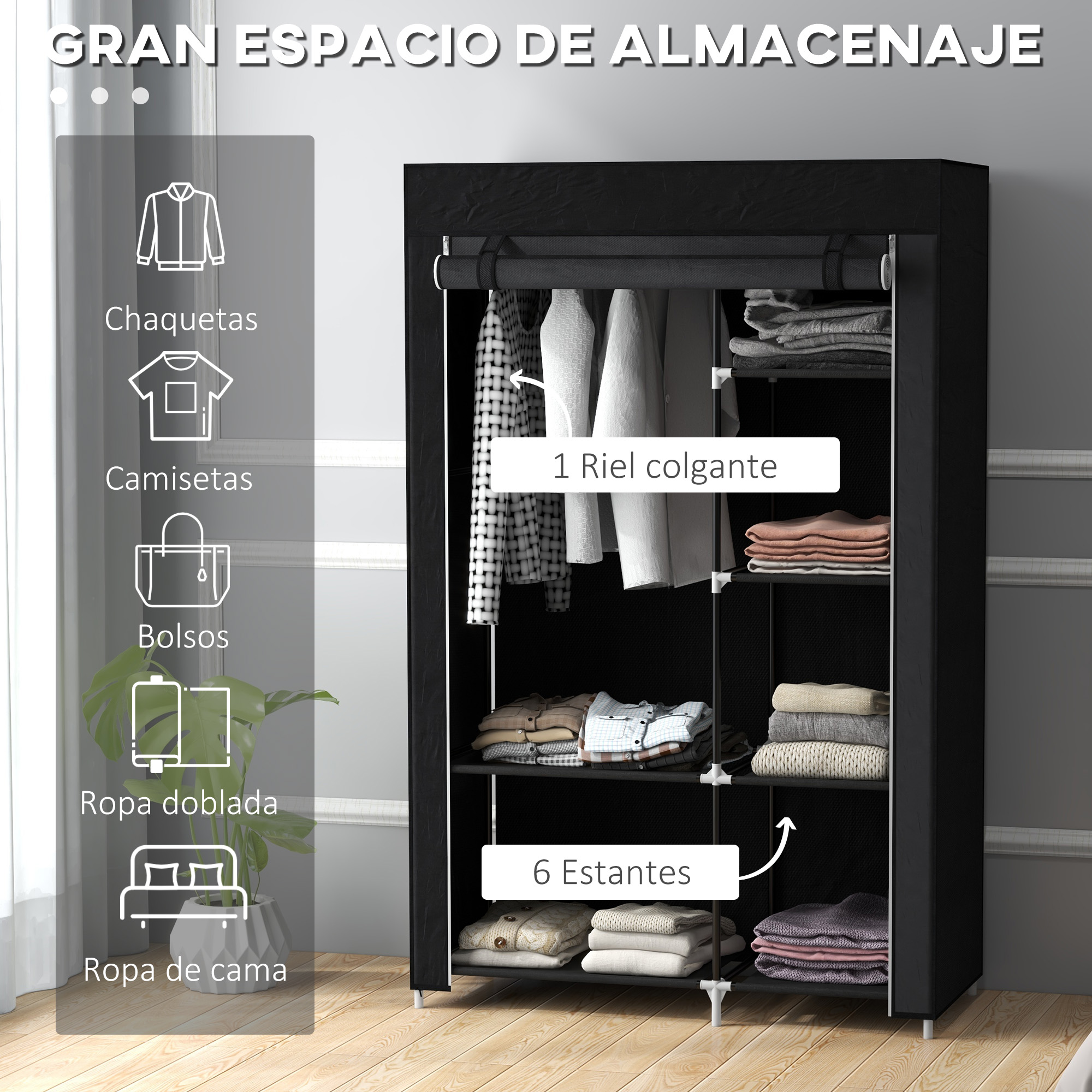 HOMCOM faltbarer Stoffgarderobe mit 6 Regalen und 1 Stange 103 x 43 x 162,5 cm schwarz