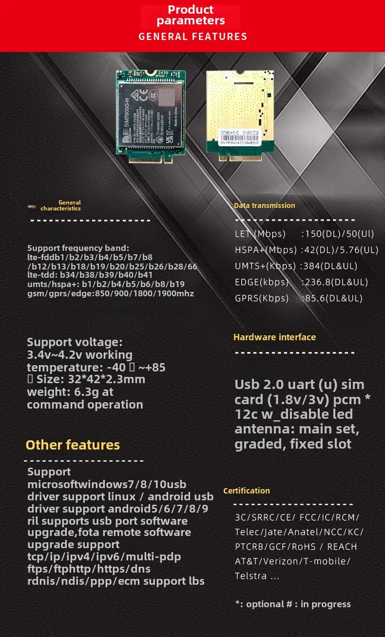O pacote SIM7600G-H-M2 do módulo de comunicação SIMCOM 4g suporta posicionamento GPS e está disponível globalmente