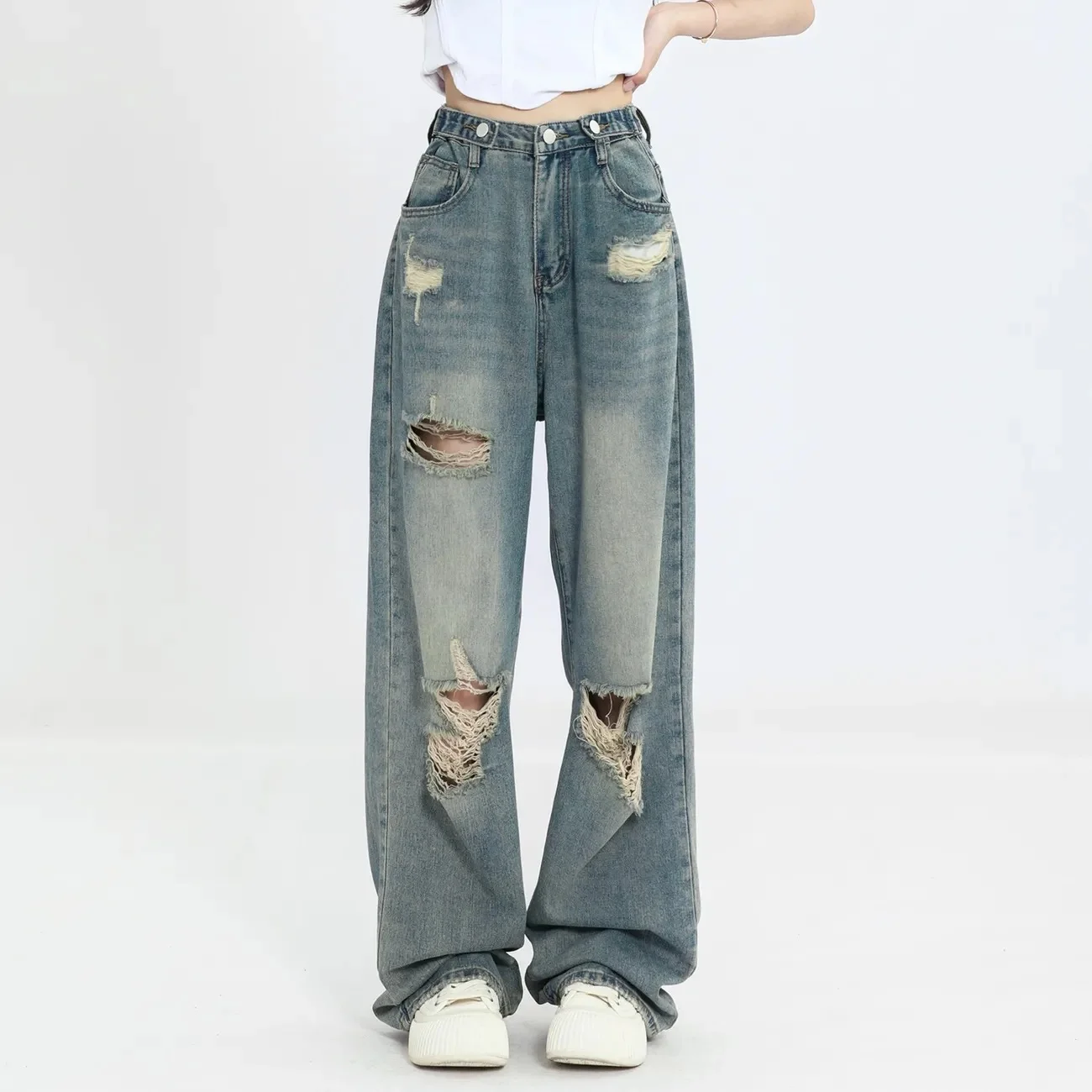 Vintage Loch Y2k Damen Jeans Hohe Taille Jeans Weites Bein Lose Gerades Bein Hip-Hop Street Wear Bodenlange Denim Hosen