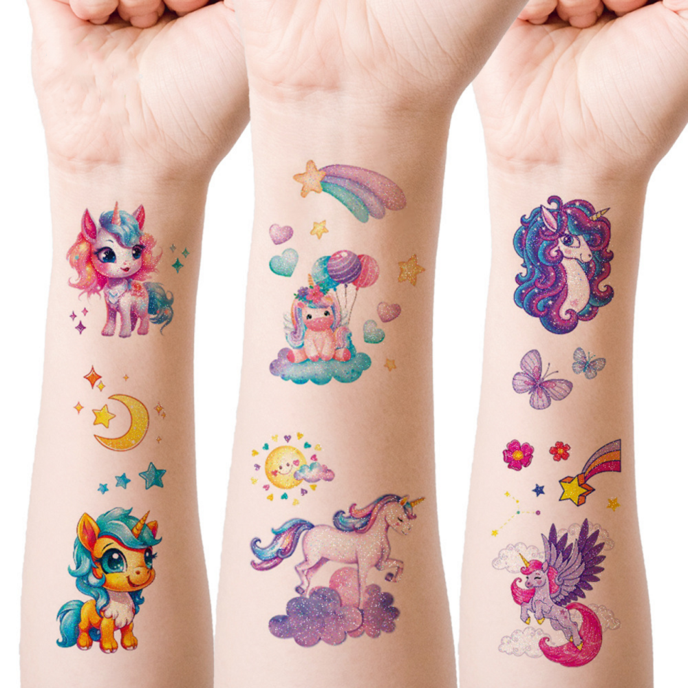12 Uds. Tatuaje temporal resistente al agua de unicornio y sirena con purpurina, tatuaje Flash de arcoíris de dibujos animados para niños, tatuajes falsos de arte corporal para brazo