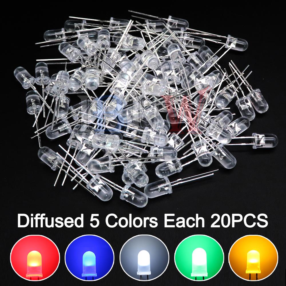 100 TEILE/LOS 5mm LED Diode F5 Sortiertes Kit IBUW Weiß Grün Rot Blau Gelb Orange Rosa Lila Warmweiß DIY Leuchtdiode