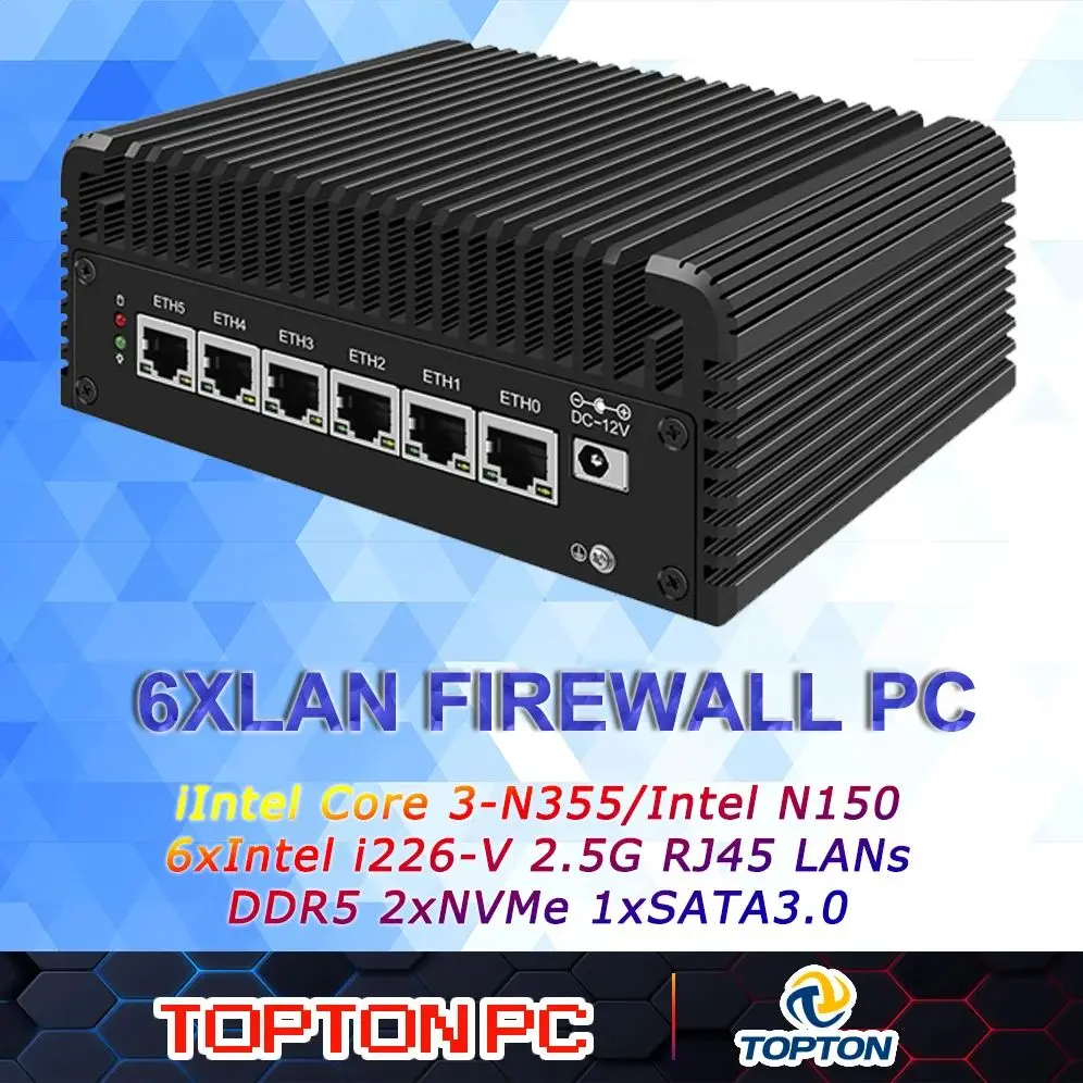 Bezwentylatorowy Mini PC Intel Core N355/N305 i226-V 6*2.5G LAN DDR5 2xNVMe 1xSATA3.0 Firewall Server pfSense Proxmox
