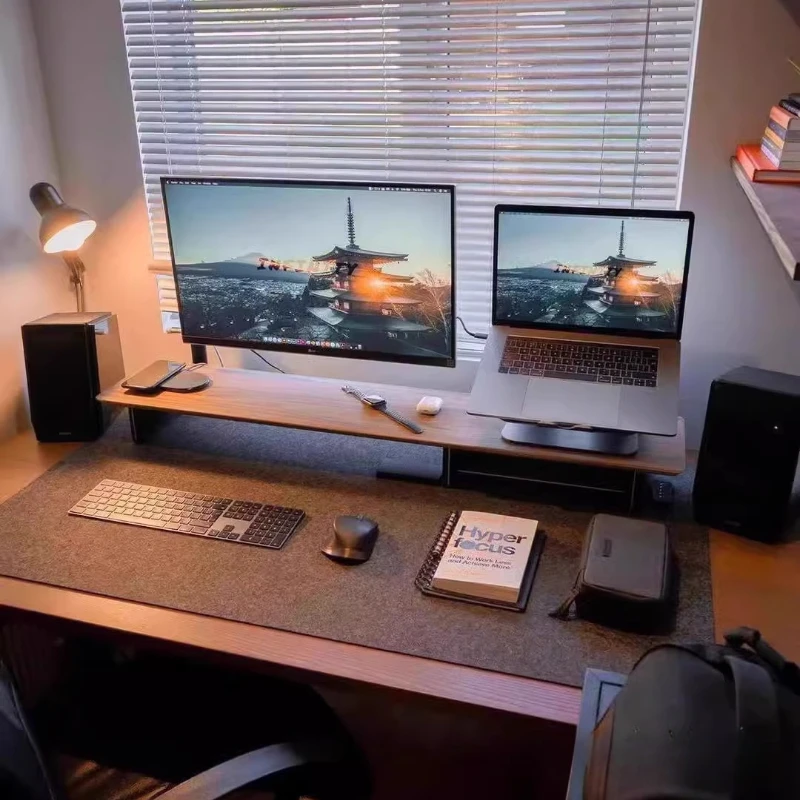 พรีเมี่ยมไม้วอลนัทสีดําขาตั้ง Office Riser สําหรับหน้าจอคอมพิวเตอร์ยาวพิเศษชั้นวางแล็ปท็อปเดสก์ท็อป Management ชั้นวางของ