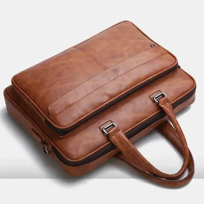 PU Leather Shoulder Bag Large Capacity Portable Casual and Waterproof Crossbody Document Bag for Men Laptop Bag