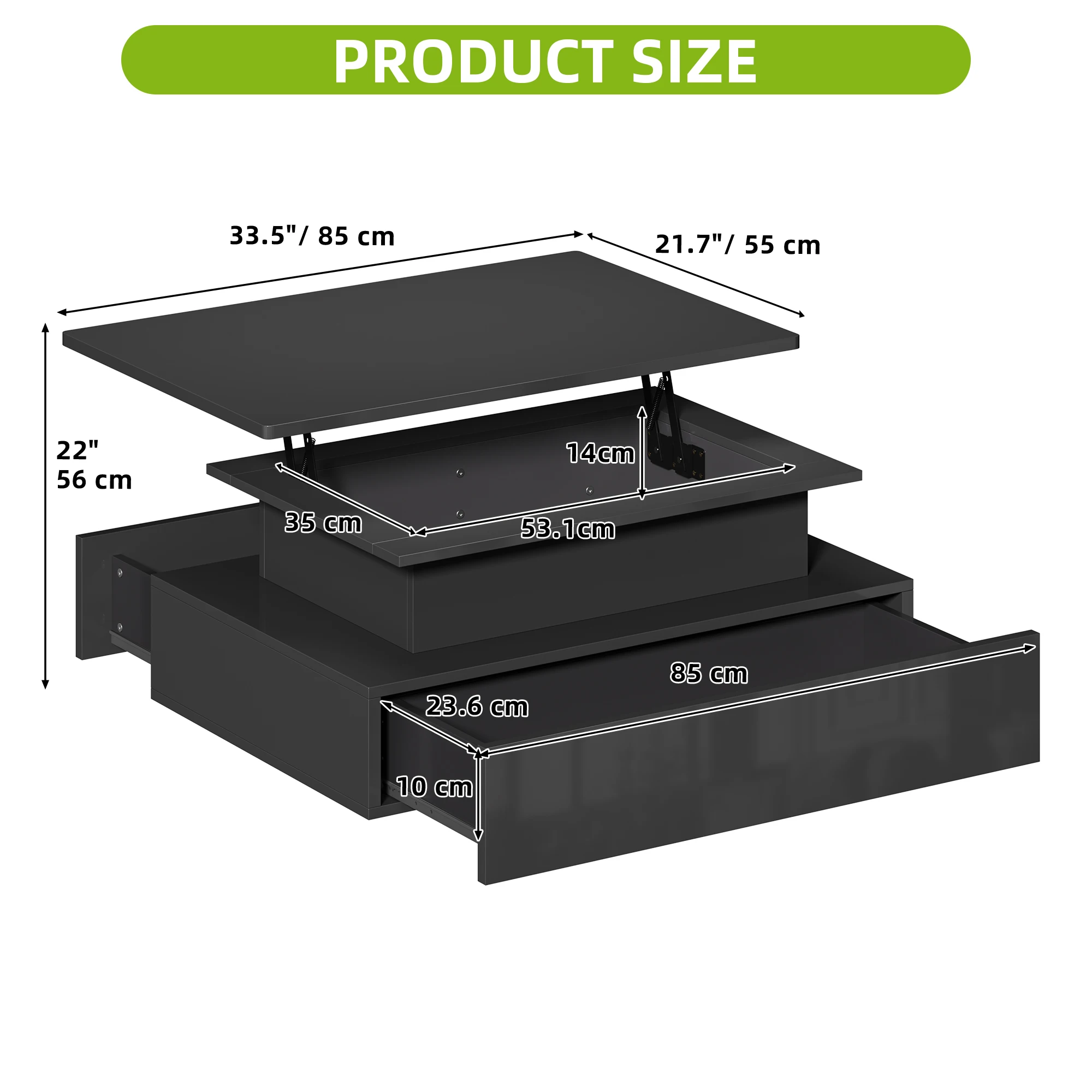 Mesa de centro elevatória YITAHOME - design moderno retangular com iluminação LED de 16 cores e 2 gavetas, superfície iluminada elevada