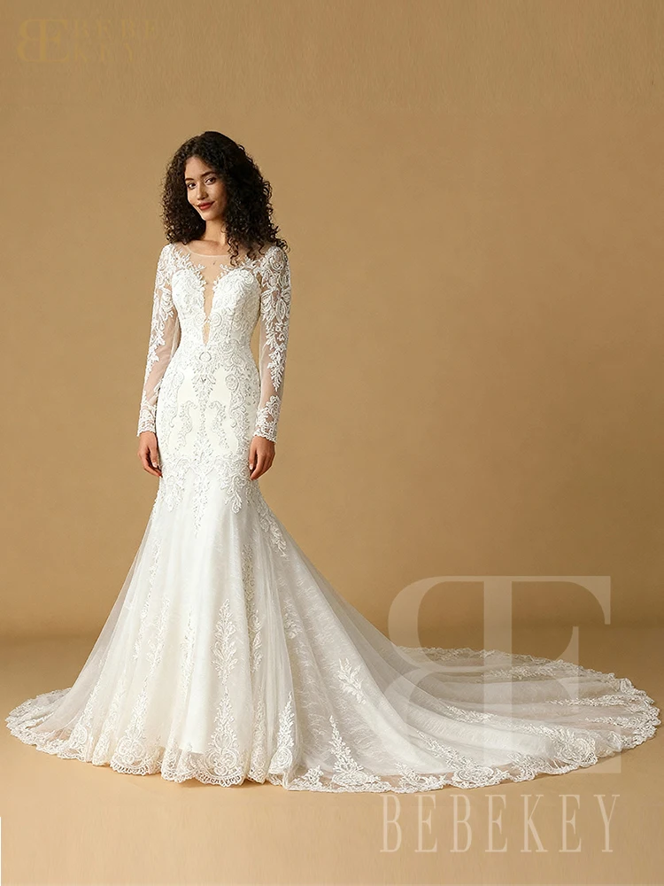 BEBEKEY Abito da sposa da donna in pizzo a maniche lunghe con scollo rotondo e strascico a cappella, abito a sirena per abito da festa di nozze