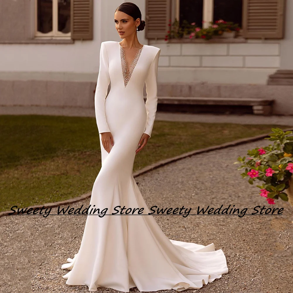 Jiayigong Stretch-Jersey-Brautkleid, maßgeschneidert, lange Ärmel, Perlenstickerei, Sweep-Zug, Illusionsrücken, Meerjungfrau-Brautkleid
