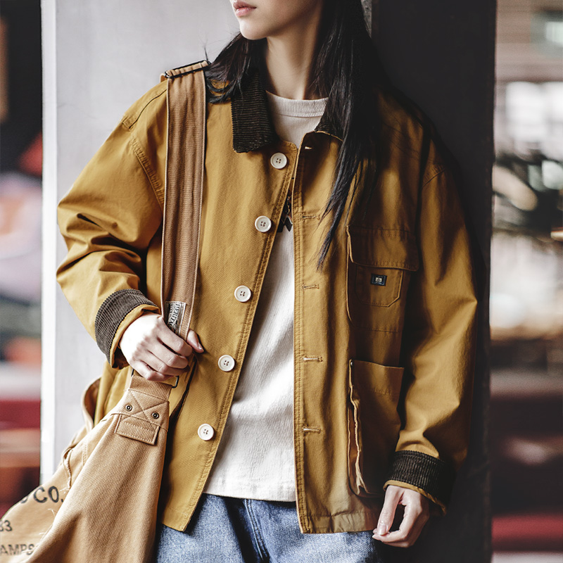Maden Jaqueta feminina de outono com gola de veludo cotelê em amarelo gengibre e creme jaqueta oversize vintage estilo trabalho jaqueta de caça para mulheres