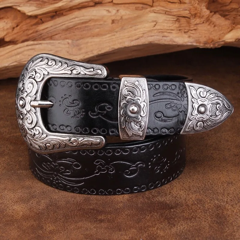 Cinturón con hebilla de acero de vaquero occidental en relieve estilo clásico de alta calidad, cinturón de diseñador de cuero genuino para hombres, cinturones vaqueros Punk para hombres