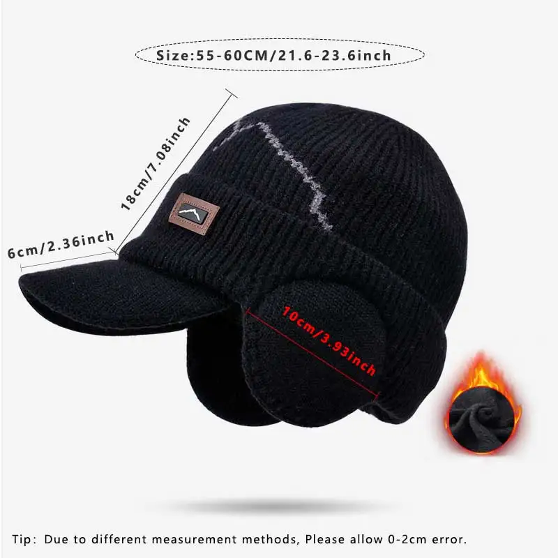 Men's Skullies Beanies with Visor for Warmth Winter Knit Earmuffs Thick Wool Lined Skull Ski Baseball Cap Winter Outdoor Riding