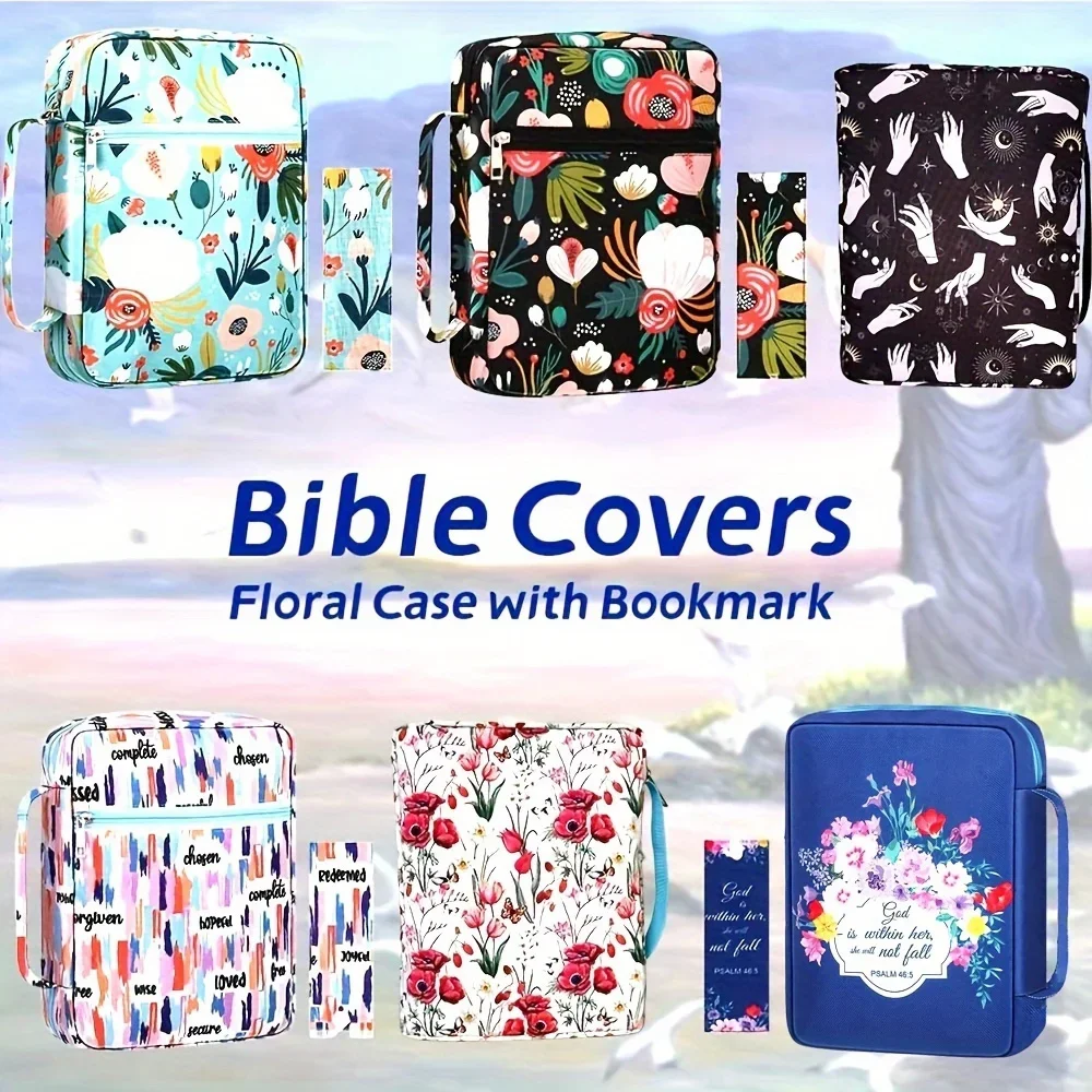 Funda para la Biblia, funda floral para la Biblia, bolsa para mujer, elegante y funcional, portátil, estuche de transporte para la Biblia, bolsillos, estudio con cremallera