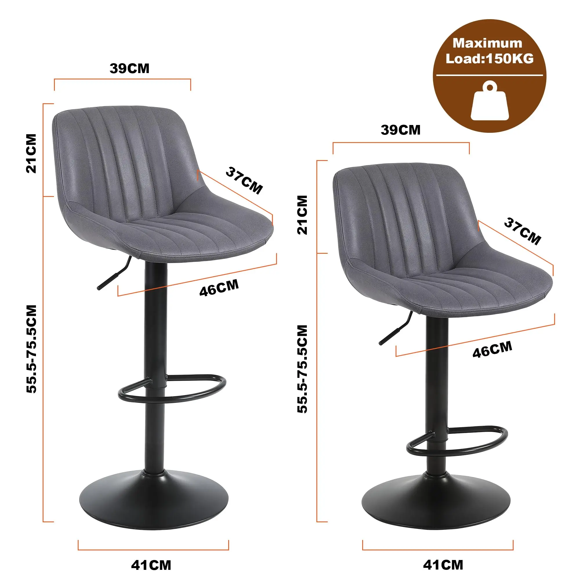 Conjunto de 4 bancos de bar Ralex-chair, bancos de bar giratórios com altura de balcão e encosto, cadeiras de bar ajustáveis em couro PU, cinza escuro