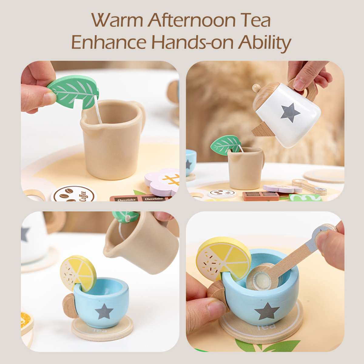 Juego de té de madera para niños, casa de juego, juego de té con tetera, taza de té, aperitivos de la tarde, juguetes de juego de rol, regalo para niños y niñas