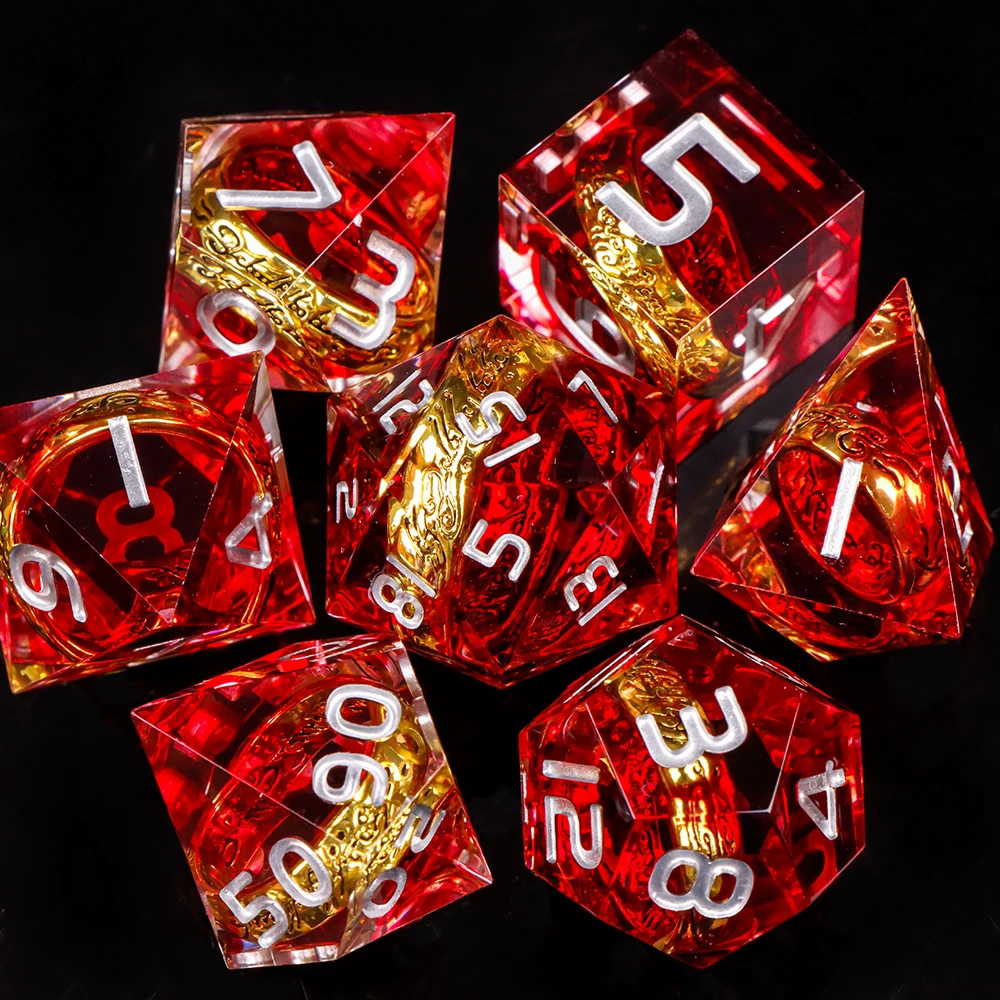 Conjunto de dados de resina com borda afiada de inclusão de anel dourado para jogos de dramatização DND Lord of the Ring Theme D&D Dice Suit