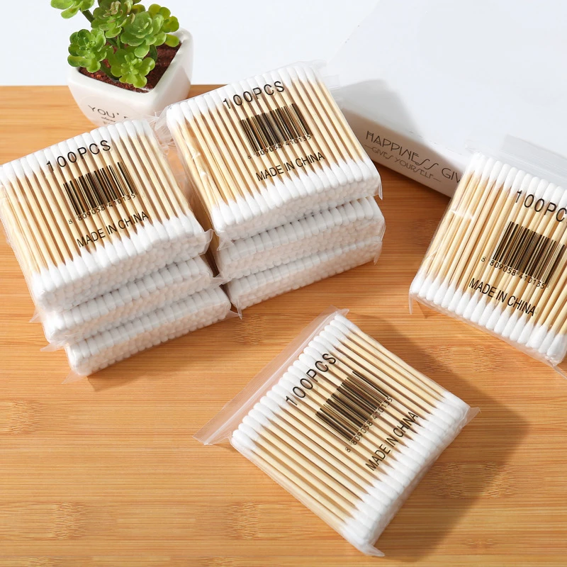 100/500/1000 шт. ватный тампон с двойной головкой, женские ватные палочки для макияжа, наконечник для деревянных палочек, чистка ушей носа, инструменты для ухода за здоровьем