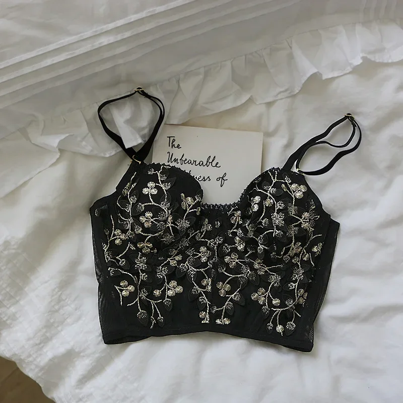 Tridimensional sutiã bordado sexy renda osso de peixe espartilho ampliado breasted com anel de aço 2/1 meia xícara bralette roupa interior