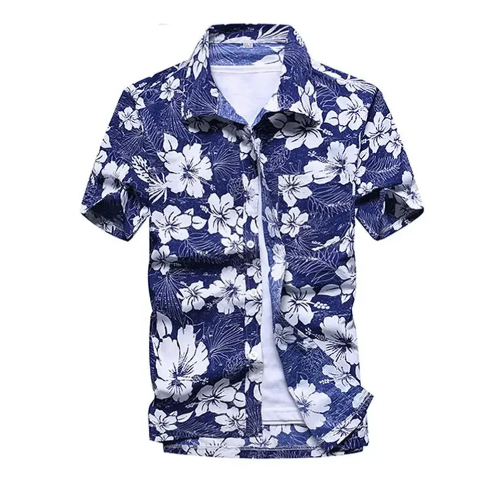 Summer Breathable Hawaiian Shirts Men Coconut Tree Printed Short Sleeve Button Down Vacation  Plus Size