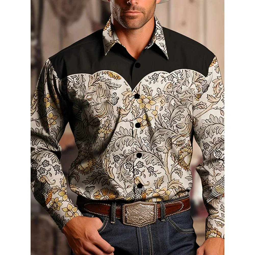 Camisa vaquera occidental Yellowstone para hombre, patrón de retazos de dos tonos, top con botones enrollables, camisa informal elegante de manga larga