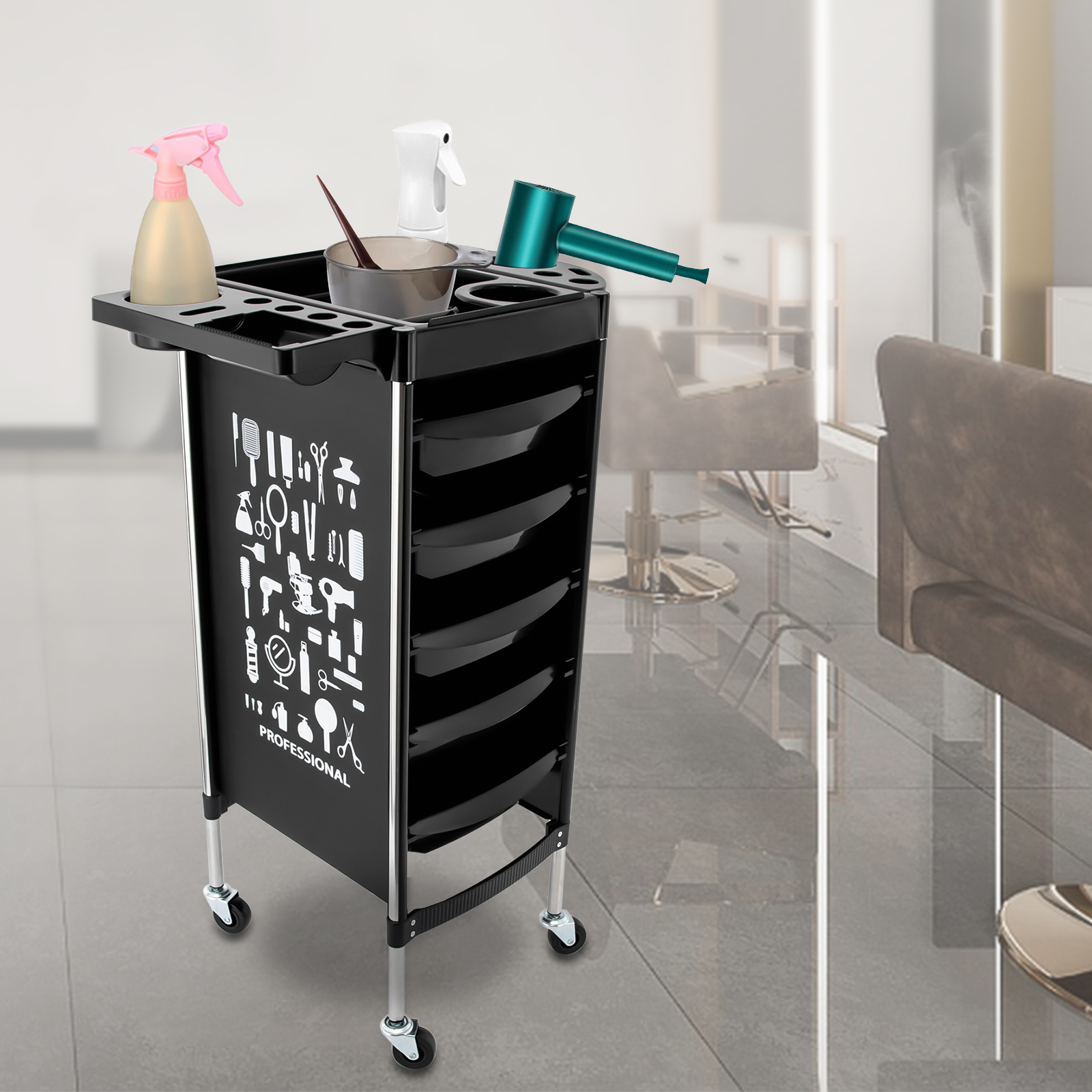 Chariot roulant pour Salon de beauté, plateau de coiffure avec 5 tiroirs, Station de coiffure SPA, chariot de Service de barbier, support de rangement
