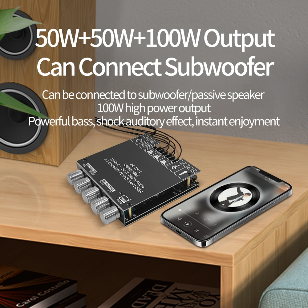 Módulo amplificador de subwoofer estéreo de áudio compatível com bluetooth 50w * 2 + 100w placa amplificadora de potência digital de 2.1 canais aux ZK-TB21