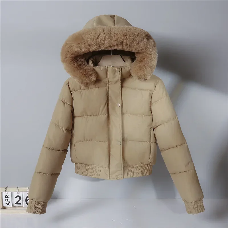 Chaqueta acolchada con capucha para mujer, abrigo de algodón grueso para invierno, abrigos cálidos para panadería, abrigo de algodón holgado con cuello de piel grande 2024