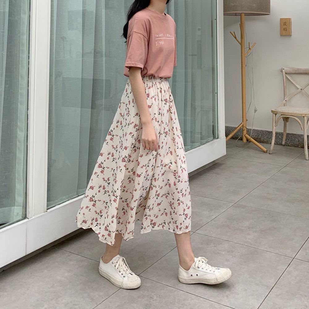 Vintage bloemenprint A-lijn geplooide lange rokken zomer vrouwen Koreaanse rok streetwear trekkoord elastische taille midi rok