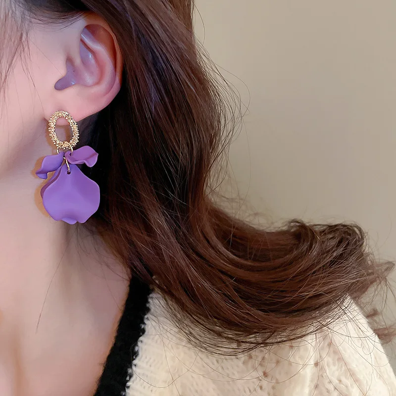Anting Kelopak Berwarna Jarum Perak Anting Atmosfer Retro Seni Anting Mode Canggih