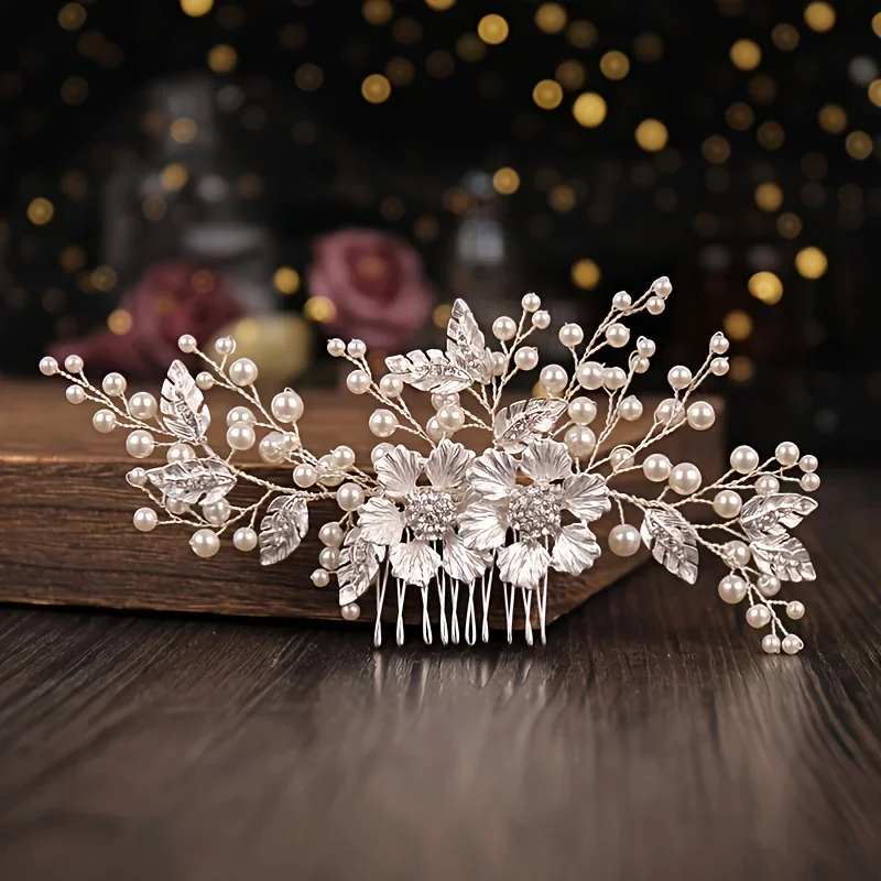 Fiore color argento Perla Strass Pettine per capelli Fascia Accessori per capelli da sposa per le donne Sposa Tiara Fascia per capelli Gioielli per capelli