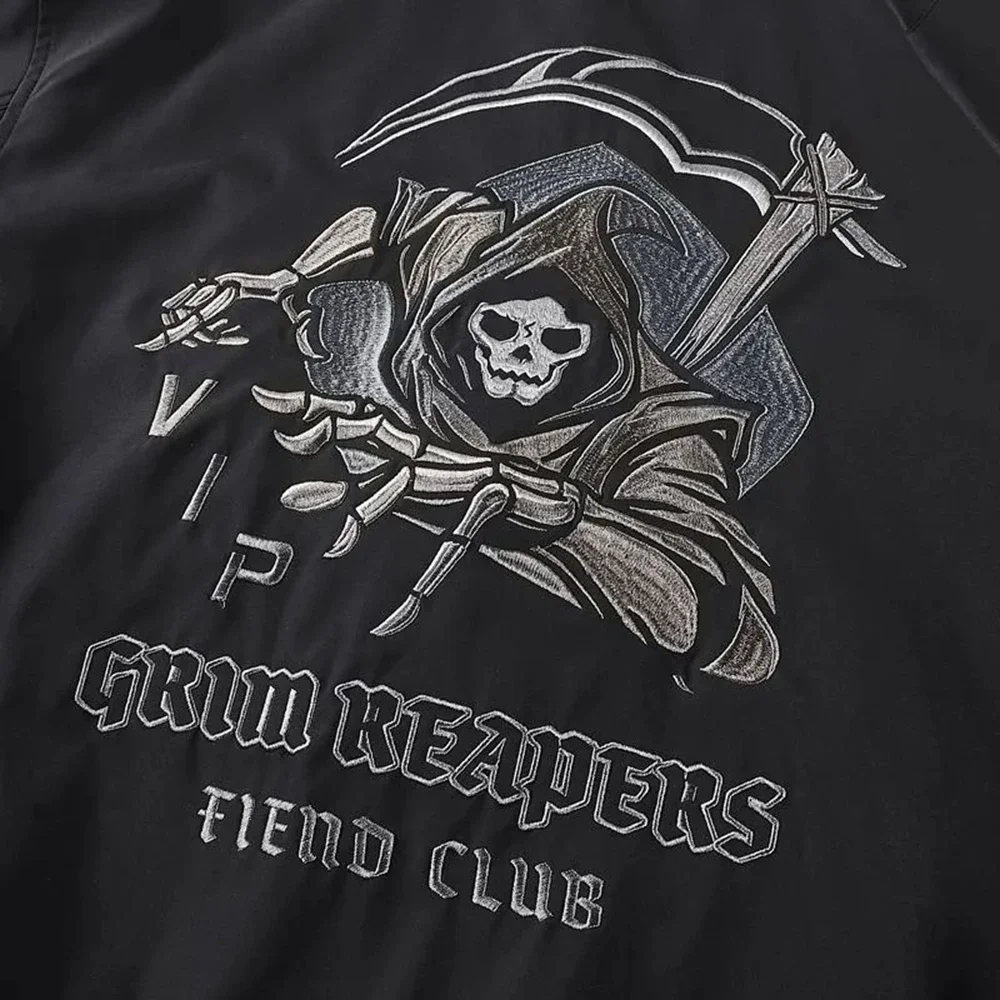 Homens outono inverno americano rua workwear jaquetas 2024 novo bolso com zíper cor sólida crânio morte bordado moda tendência jaqueta