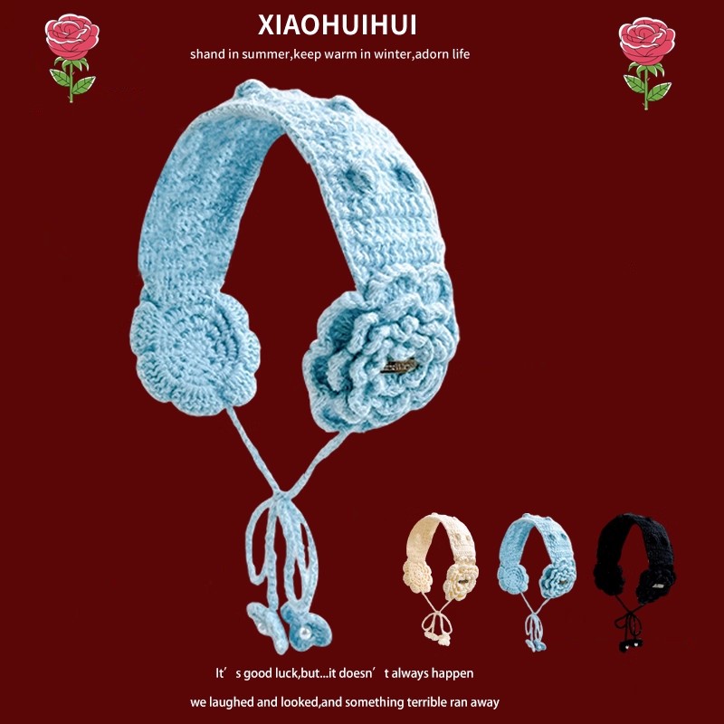 Ins Mori süße Blumen-Design gestrickte Schnür-Ohrenschützer für Frauen Herbst und Winter Reisen warme vielseitige süße Pullover-Hüte