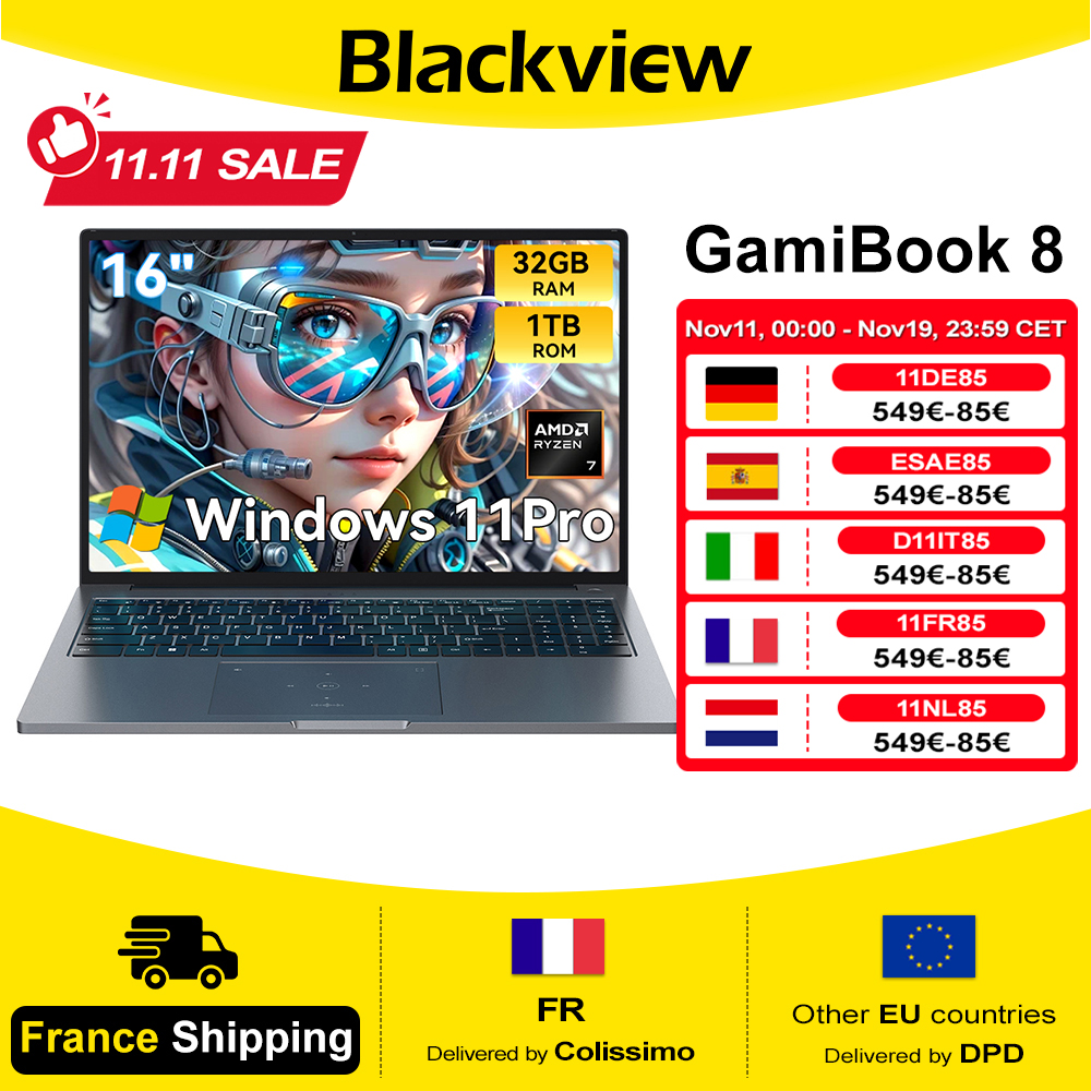 Laptop BLACKVIEW GamiBook 8 con procesador AMD R7 7735HS, pantalla IPS de 16" (1902 x 1200), 32 GB DDR5, 1 TB SSD, 57 Wh, Windows 11 Pro, teclado retroiluminado, Bluetooth 5.2