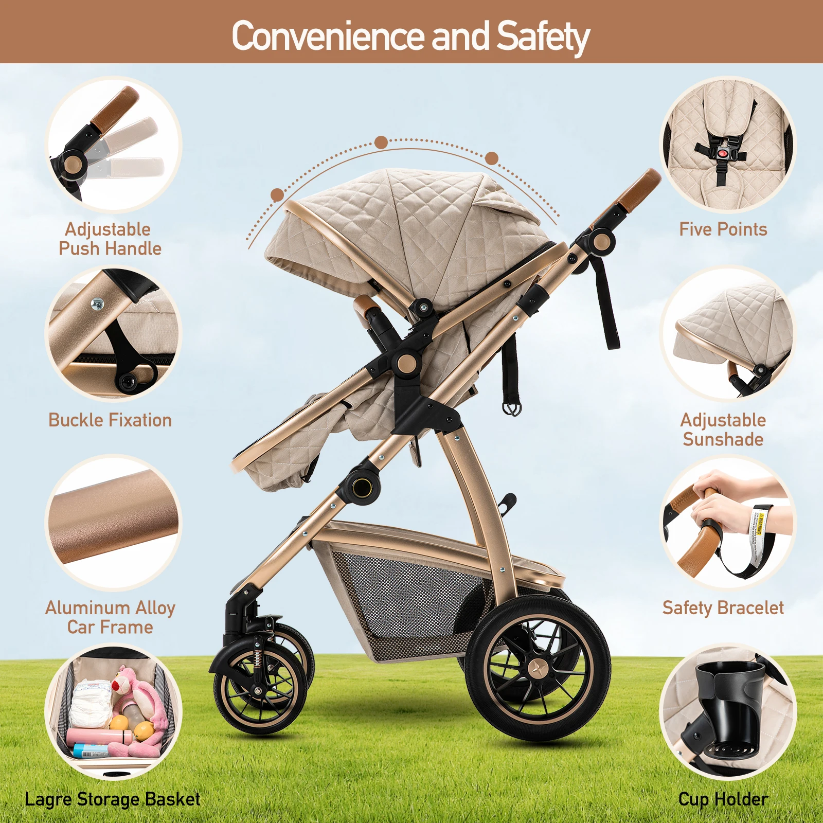 Cochecito de bebé de lujo 3 en 1, cochecito de bebé portátil de viaje, cochecitos plegables, coche con marco de aluminio de alto paisaje para bebé recién nacido