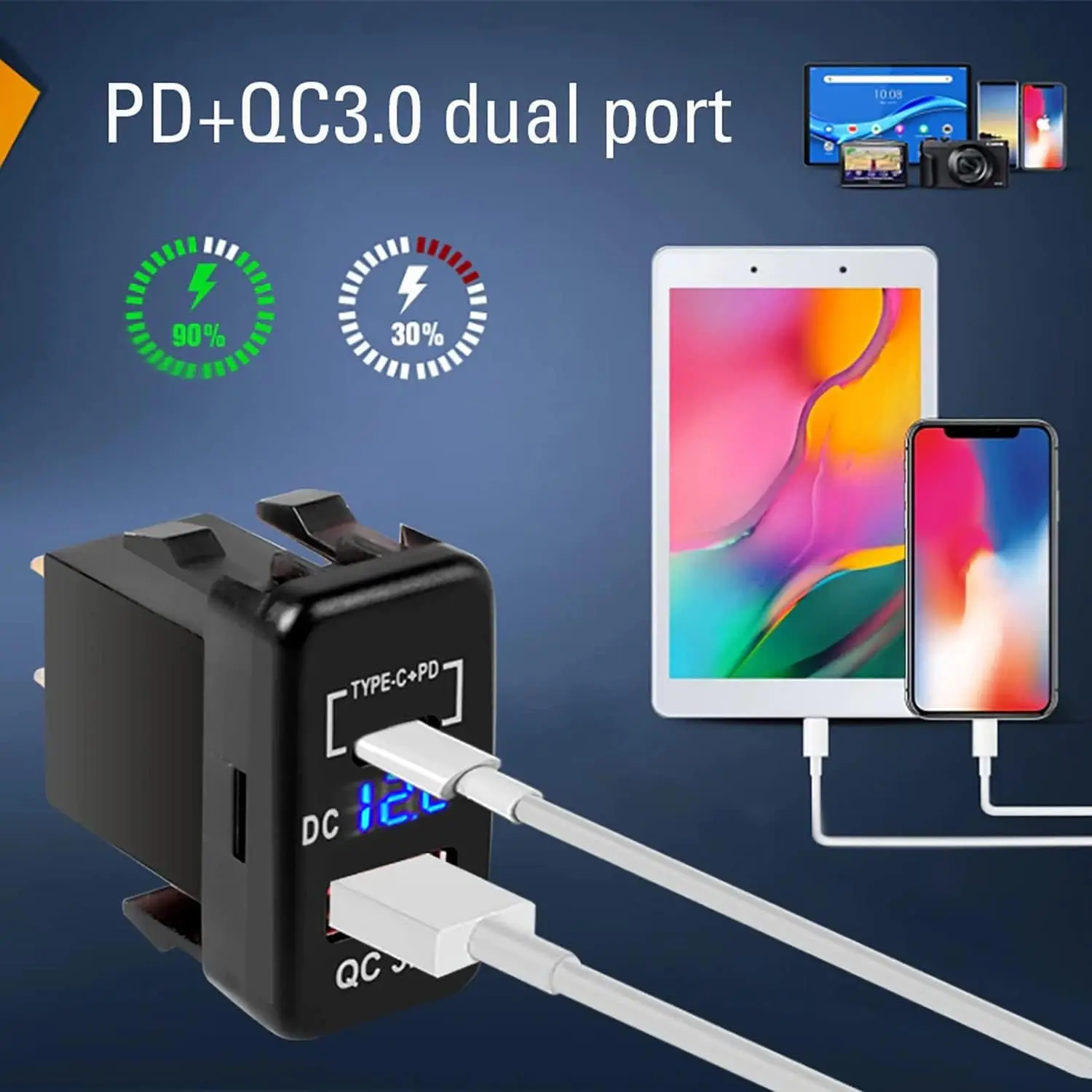 USB Autolader Socket Quick Charge 3.0 & PD USB C Poort Stopcontact Adapter voor 12 V/24 V Toyota Voertuigen
