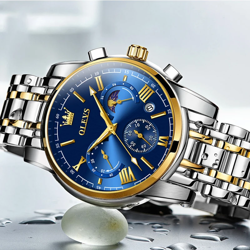 Marca OLEVS, certificación Original, relojes para hombre, fase lunar, reloj de cuarzo resistente al agua para hombre, cronógrafo, calendario, reloj de moda