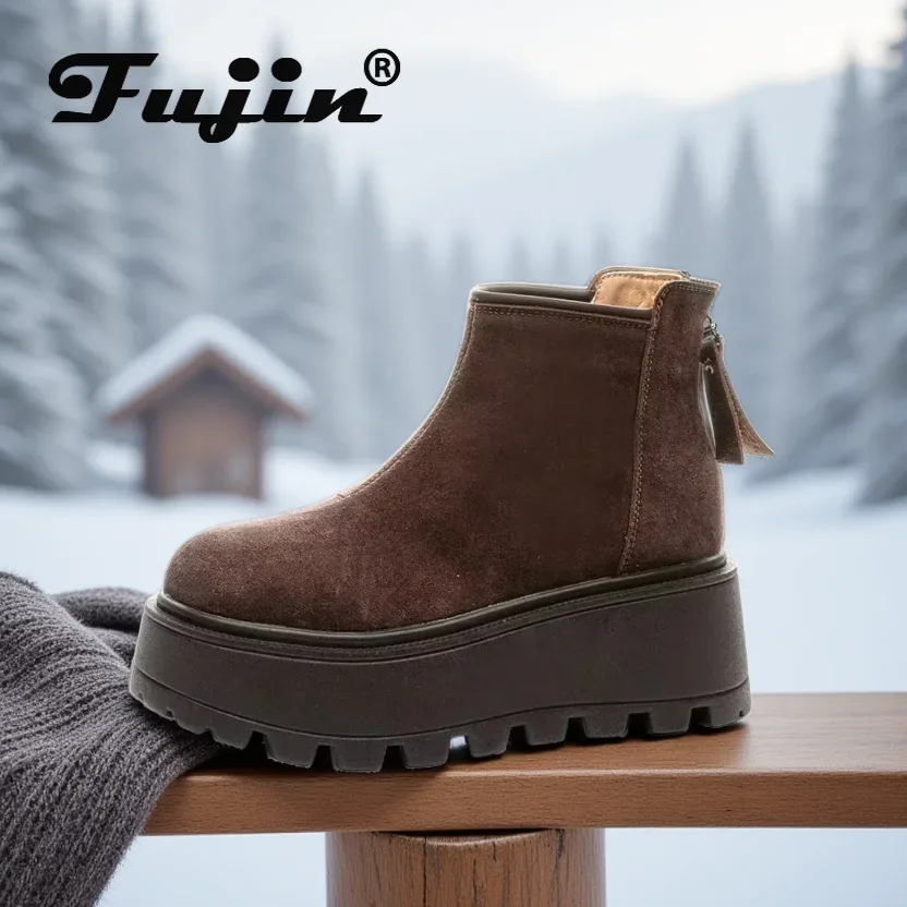 Fujin, zapatos de nieve de cuero de ante de 7cm, botines con plataforma, botas de invierno para mujer, botas Chelsea antideslizantes cómodas con tacón grueso