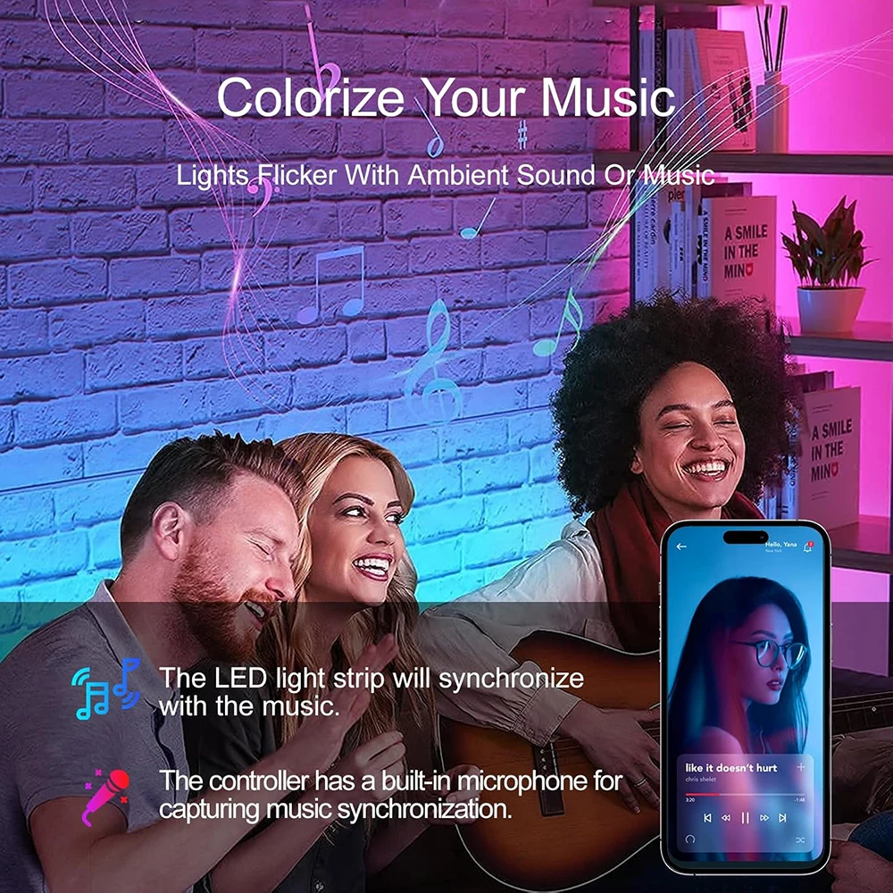 RGB-LED-Streifenlichter mit APP-Steuerung, Musik-Synchronisierung, USB 5 V, LED-Bandlichter für Zimmer, Party, Dekoration, TV-Hintergrundbeleuchtung, flexibles Band
