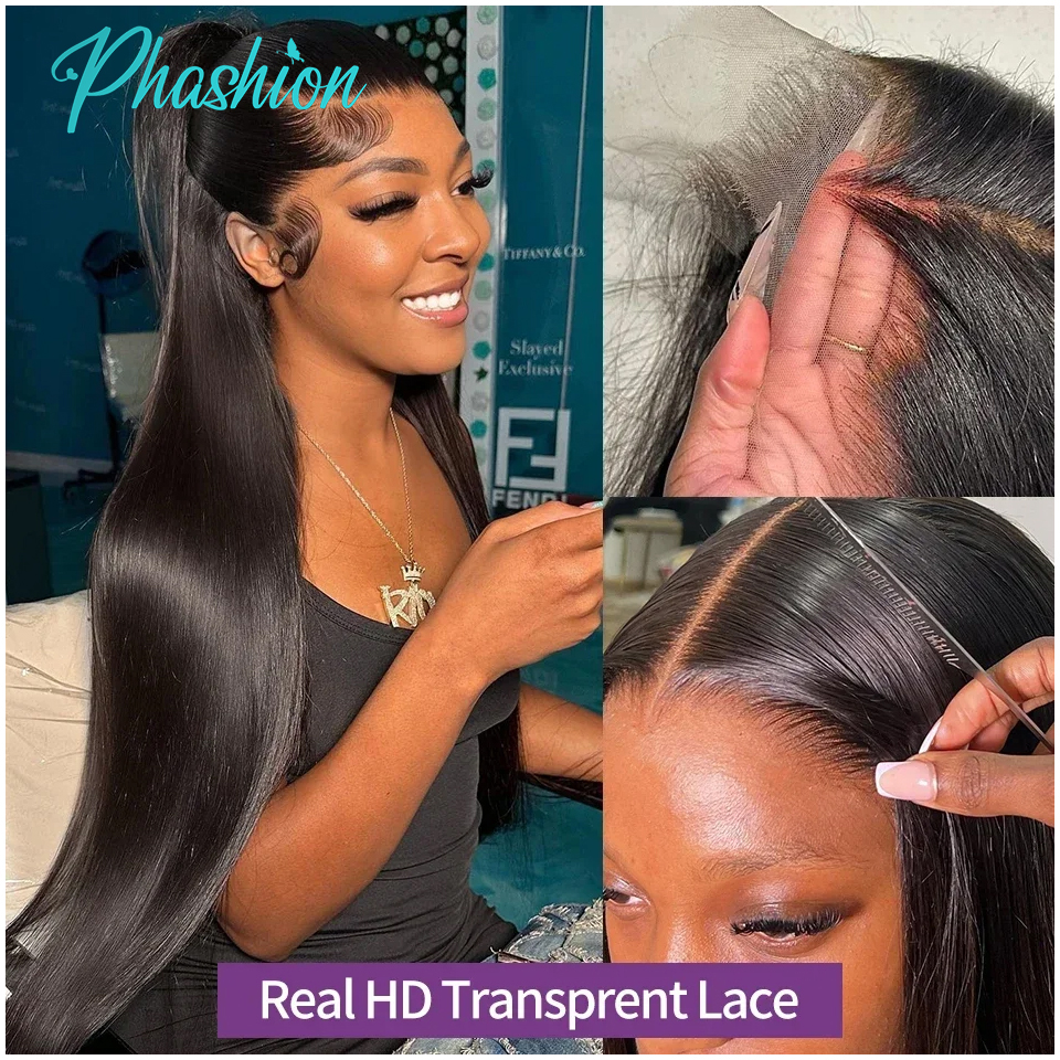 Phashion 28 Zoll 13x6 Lace Frontal Straight Preplucked Swiss Verschluss Transparent Full Front Only Natural Black 100 % Echthaar