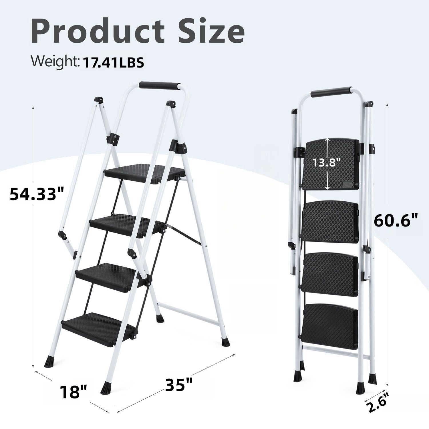 White four-step ladder, light folding four-step stool, wide anti-skid pedal and safety handle, strong steel ladder, multi-purpos