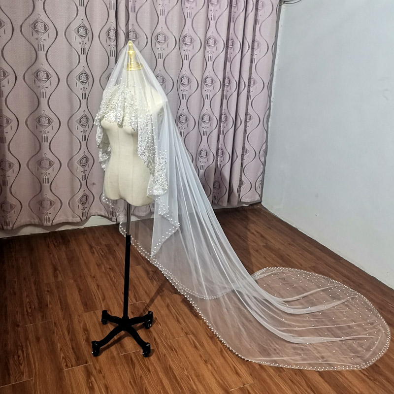고급스러운 파란색 스팽글 베일 로맨틱 웨딩 액세서리 2025 새로운 진주 대성당 웨딩 신부 숨겨진 맞춤 제작 베일