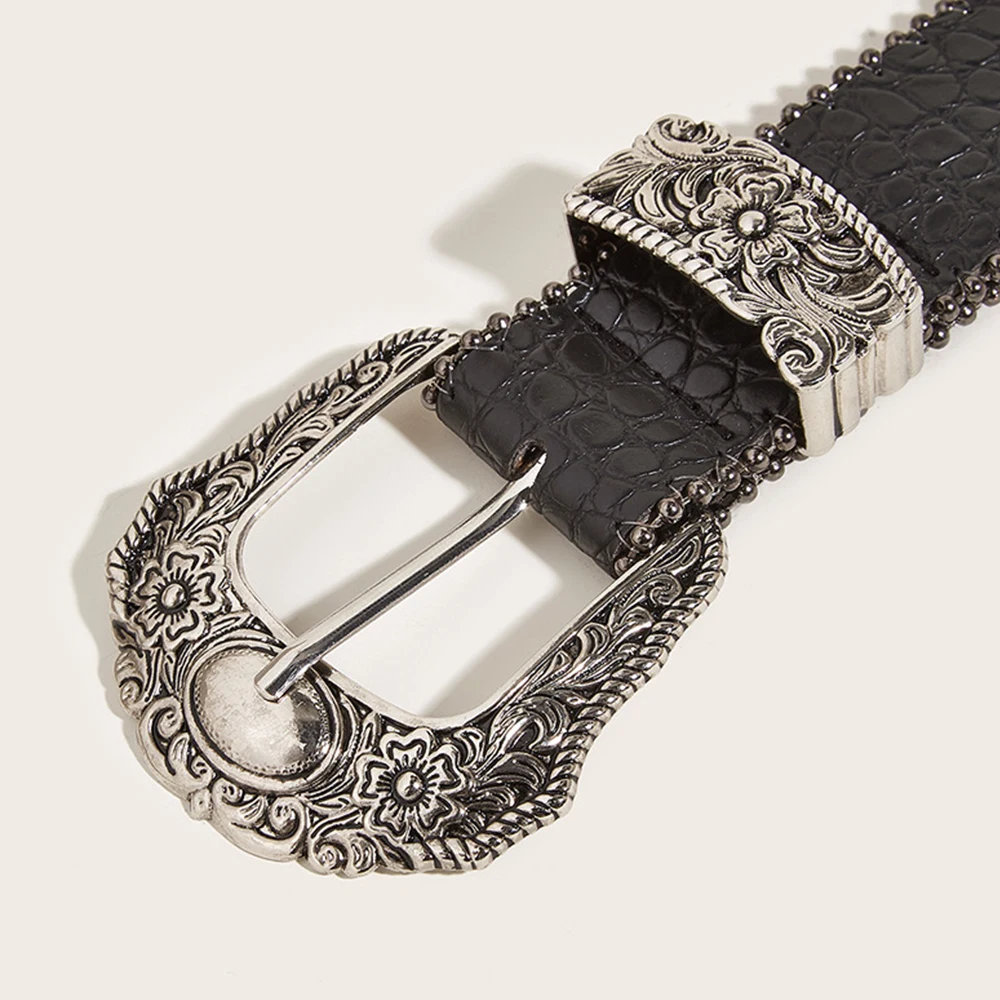Cinturón gótico de Pu para mujer, correa de cintura con hebilla de aleación, diseño de lujo, patrón de piedra, accesorio Y2k