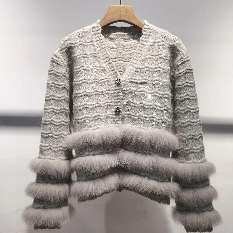 2024 neues Design Herbst gestrickte Strickjacken mit echtem Fuchs pelz Streifen V-Ausschnitt Echtpelz besatz Pullover