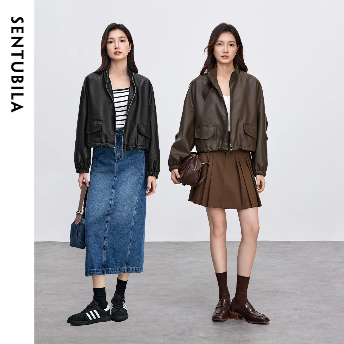 Sentubila jaqueta de couro feminina 2025 outono moda vintage commute solto gola dobras pu curto outerwears w51g87928