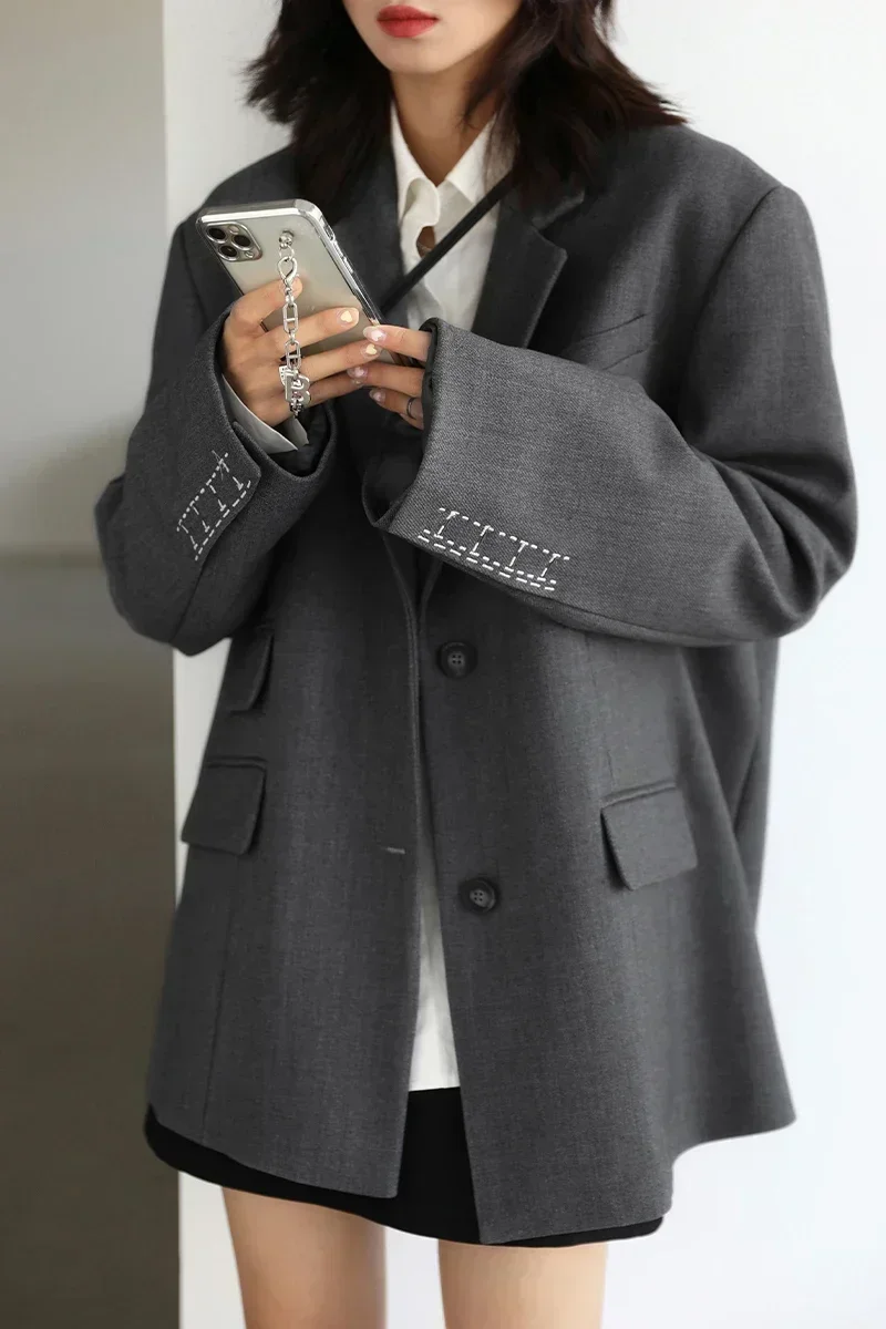 CHICVEN ผู้หญิง Office Lady Blazer Cuff เย็บปักถักร้อยไหล่กว้าง Twill ชุดสตรีฤดูใบไม้ร่วงสุภาพสตรี Outerwear Tops